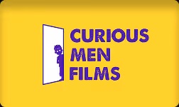 Logo with a purple silhouette of a man peeking through a door next to text reading Curious Men Films on a yellow background.