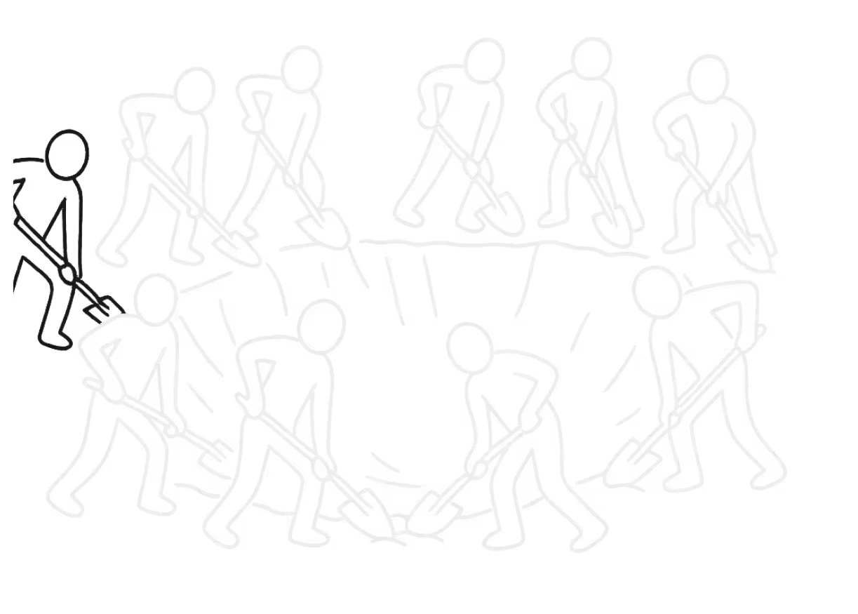 Line drawing of ten human figures with shovels digging a large hole.