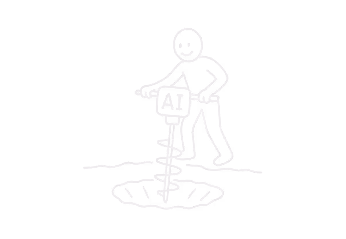 Line drawing of a smiling person using a jackhammer labeled 'AI' to break the ground.