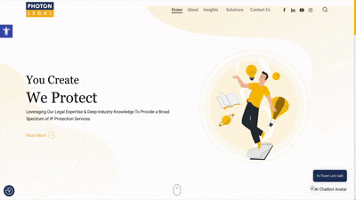 Website homepage showing 'You Create We Protect' text with a person holding a light bulb above laptop, illustrating IP protection services.