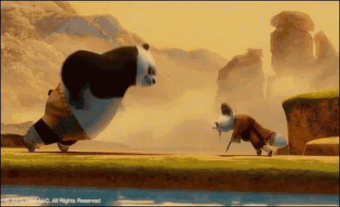 Animated panda jumping towards a crane holding a staff on a grassy platform with rocky formations in the background.