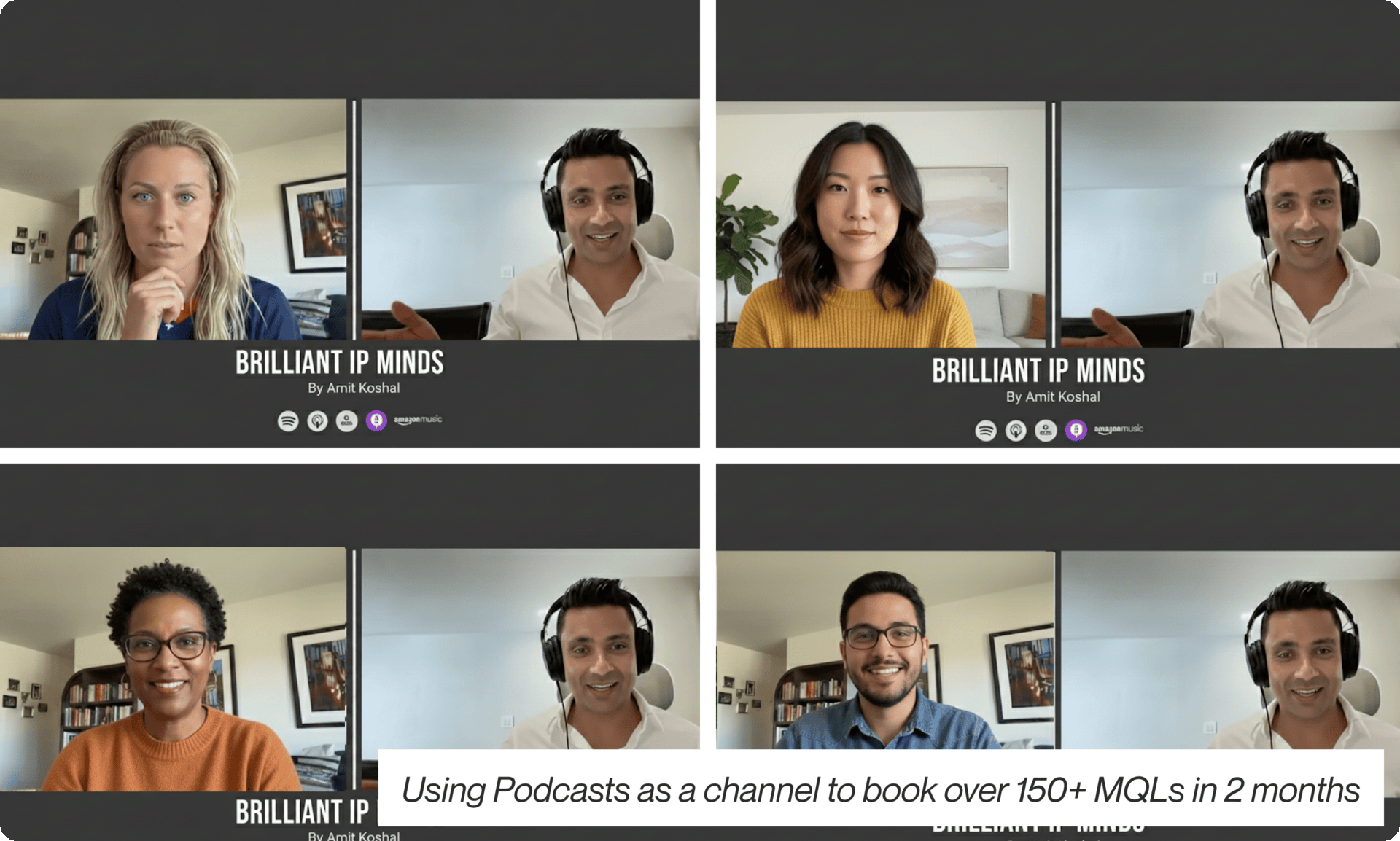 Collage of video call screenshots featuring host Amit Koshal with different guests on the podcast Brilliant IP Minds, highlighting its success in booking over 150 MQLs in 2 months.