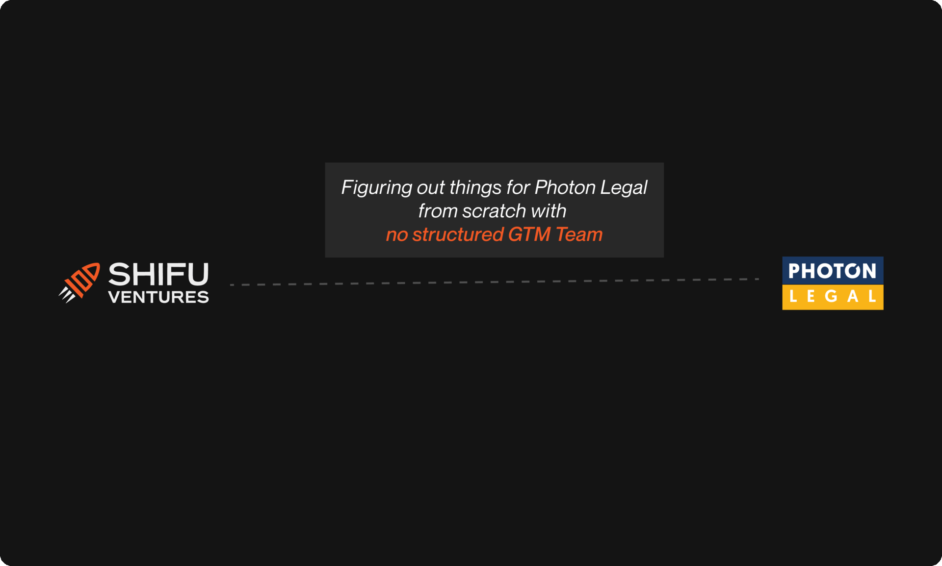 Text reads: Figuring out things for Photon Legal from scratch with no structured GTM Team, flanked by Shifu Ventures logo on the left and Photon Legal logo on the right.