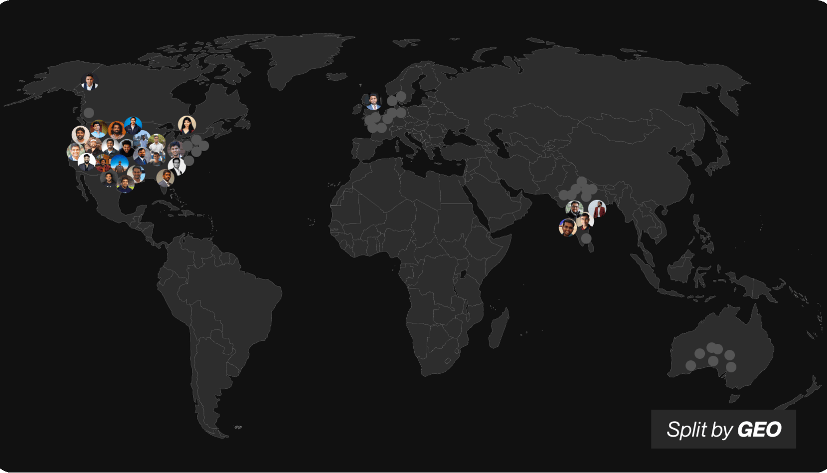 World map with clusters of diverse people's headshots concentrated in North America, Europe, South Asia, and Australia, labeled 'Split by GEO'.