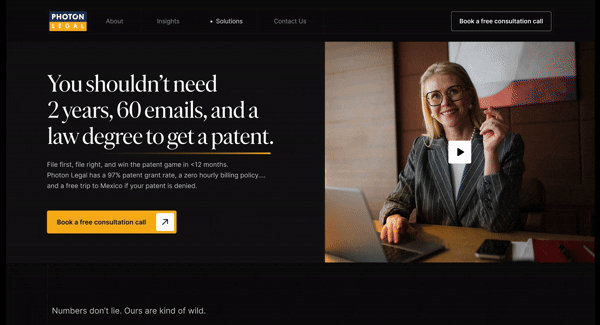 Website homepage of Photon Legal showing a woman smiling at a laptop with text offering a patent consultation and a button to book a free call.