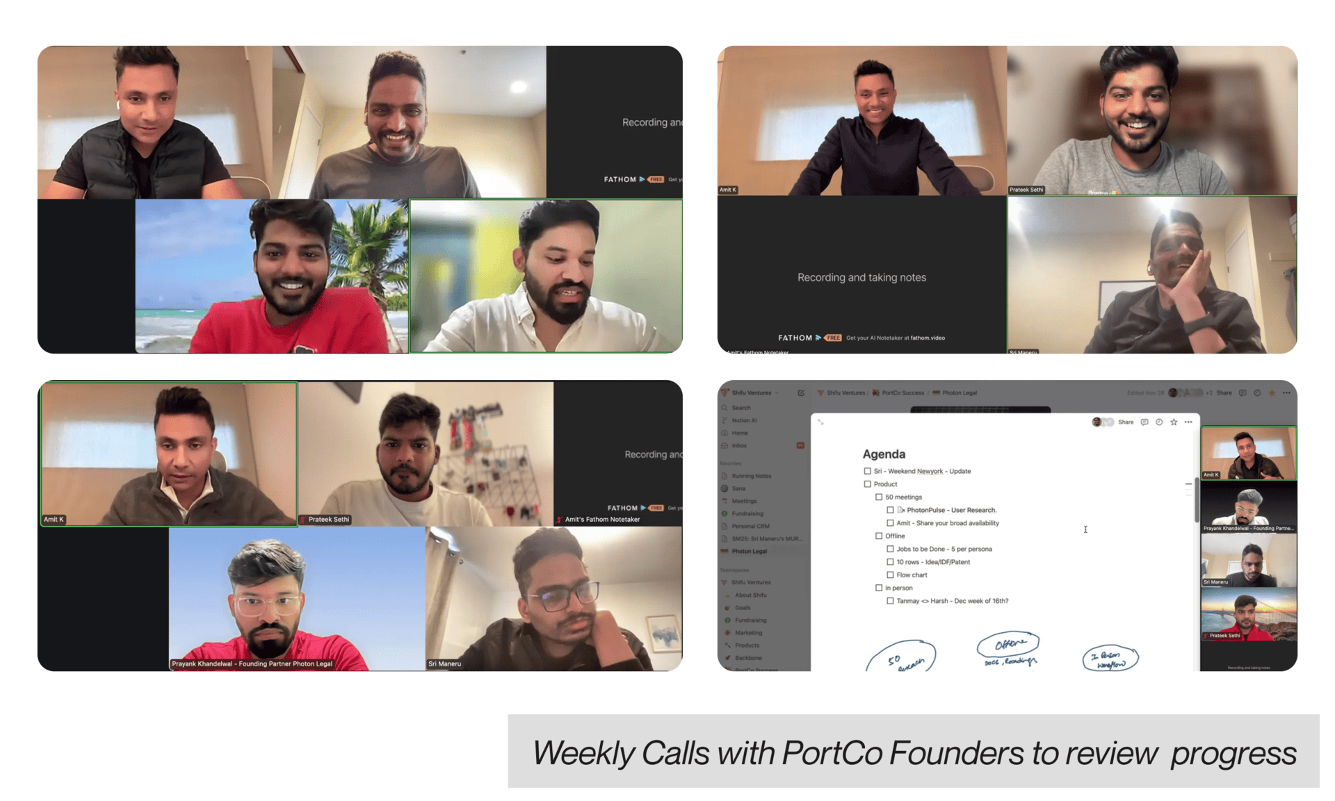 Collage of four screenshots showing video calls with multiple people and an agenda document titled 'Agenda' discussing product meetings and tasks.